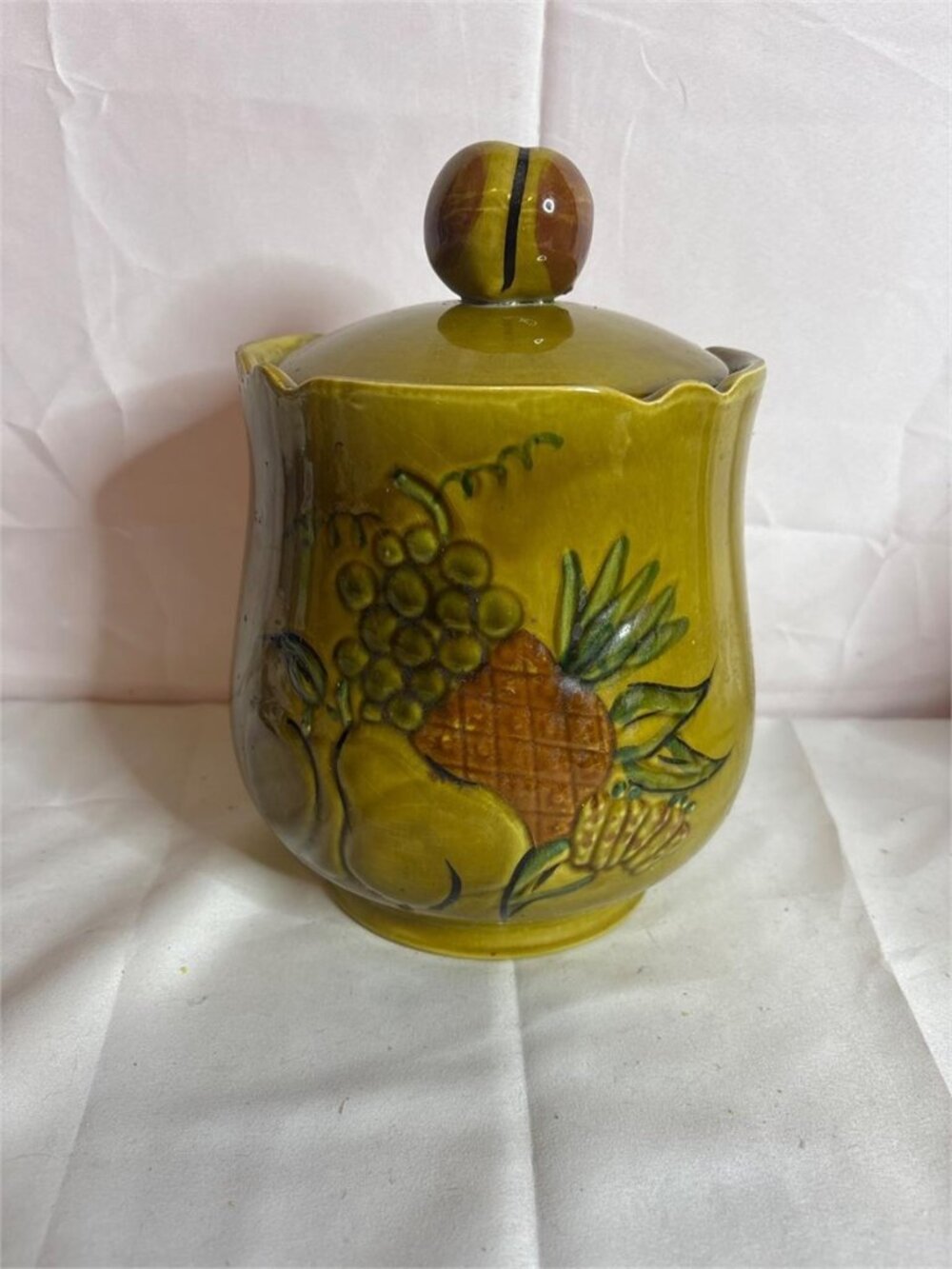 Vintage Avocado Olive Green Ceramic Fruit Canister Cookie Jar 70s Retro MCM
